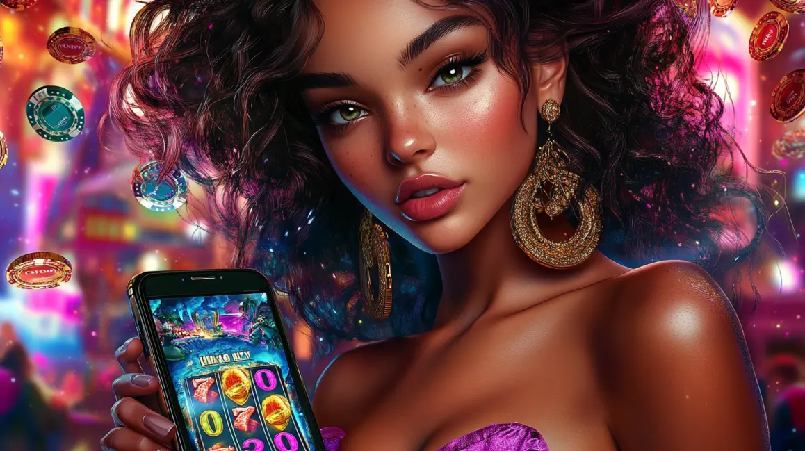 A glamorous woman with curly hair holds a smartphone showing a vibrant slot game, with dice and chips floating around, inviting you to play exciting mobile casino games at KKDB.