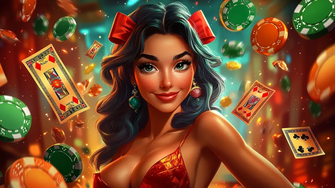A smiling woman with curly hair shows a 'GECCO' themed slot game on her phone, one of the many fun and colorful mobile games you can play for big wins on the KKDB app.