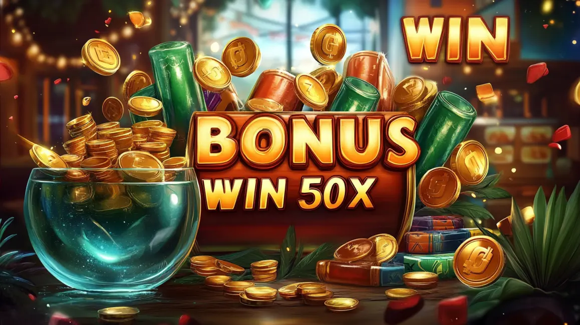 A happy woman with curly black hair holds cash, with a large 'BONUS' sign, as casino chips, cards, and money are flying around, celebrating a win at KKDB.