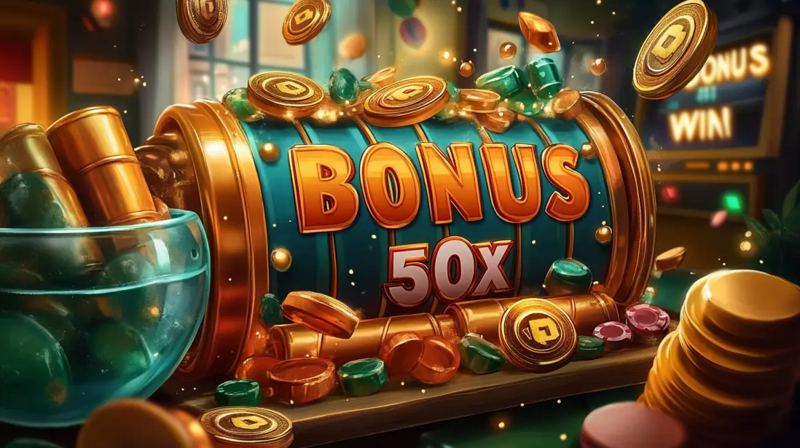 A bowl of coins and drinks with 'BONUS WIN 50X' text, alongside a cute cat character, highlights the massive win potential and fun bonuses at KKDB.