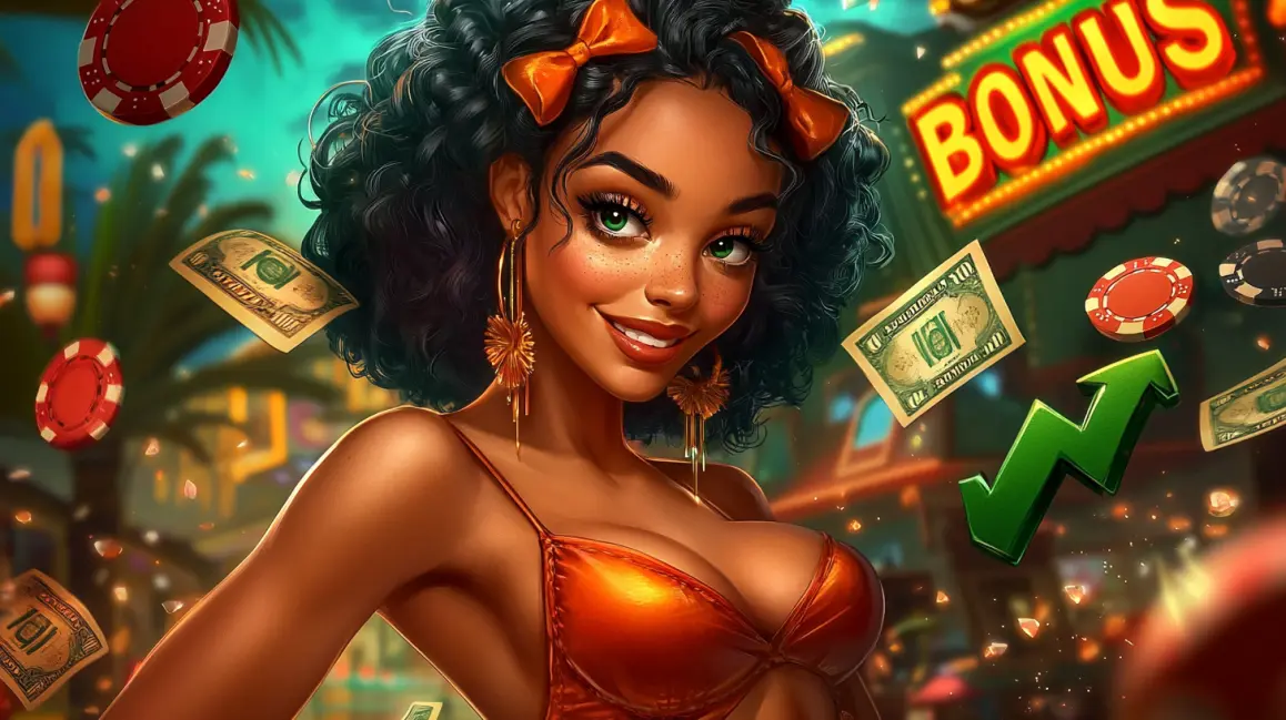 A woman holds a phone showing a candy-themed slot game, surrounded by a cosmic swirl of sweets, inviting you to a universe of delicious wins at KKDB.