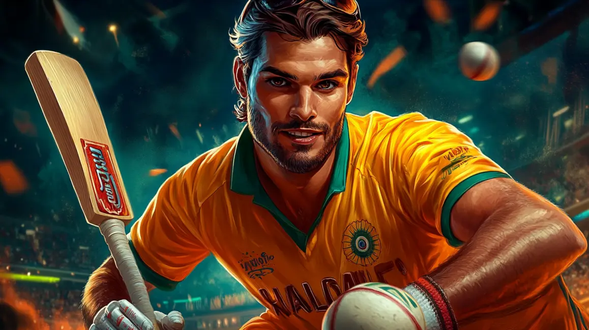 A handsome cricket player in a tropical setting represents the international cricket matches from around the world that you can bet on with the KKDB sports app.