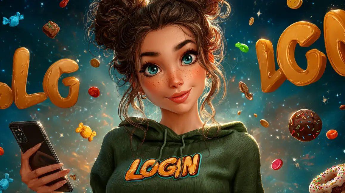 A stylish woman with blue hair and sunglasses holds a phone with a 'LOGIN' button, inviting you to sign in to your KKDB account for a fun and rewarding tropical gaming session.
