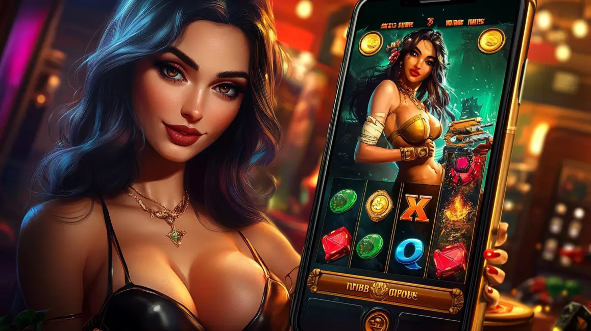An animated woman is framed by a phone screen showing a 'LOGIN CASINO' sign, inviting you to sign in to the fun and vibrant world of KKDB online casino games.