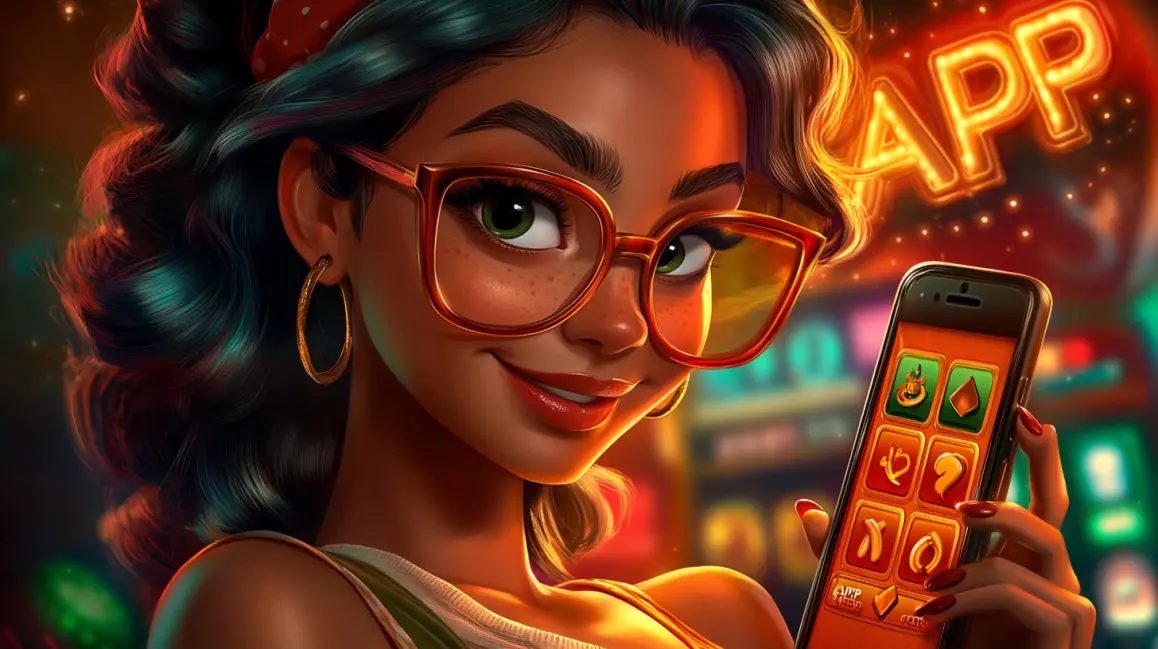 A stylish woman holds a phone with a fun slot game, with the word 'APP' in large letters, inviting you to download the KKDB app for a vibrant gaming experience.